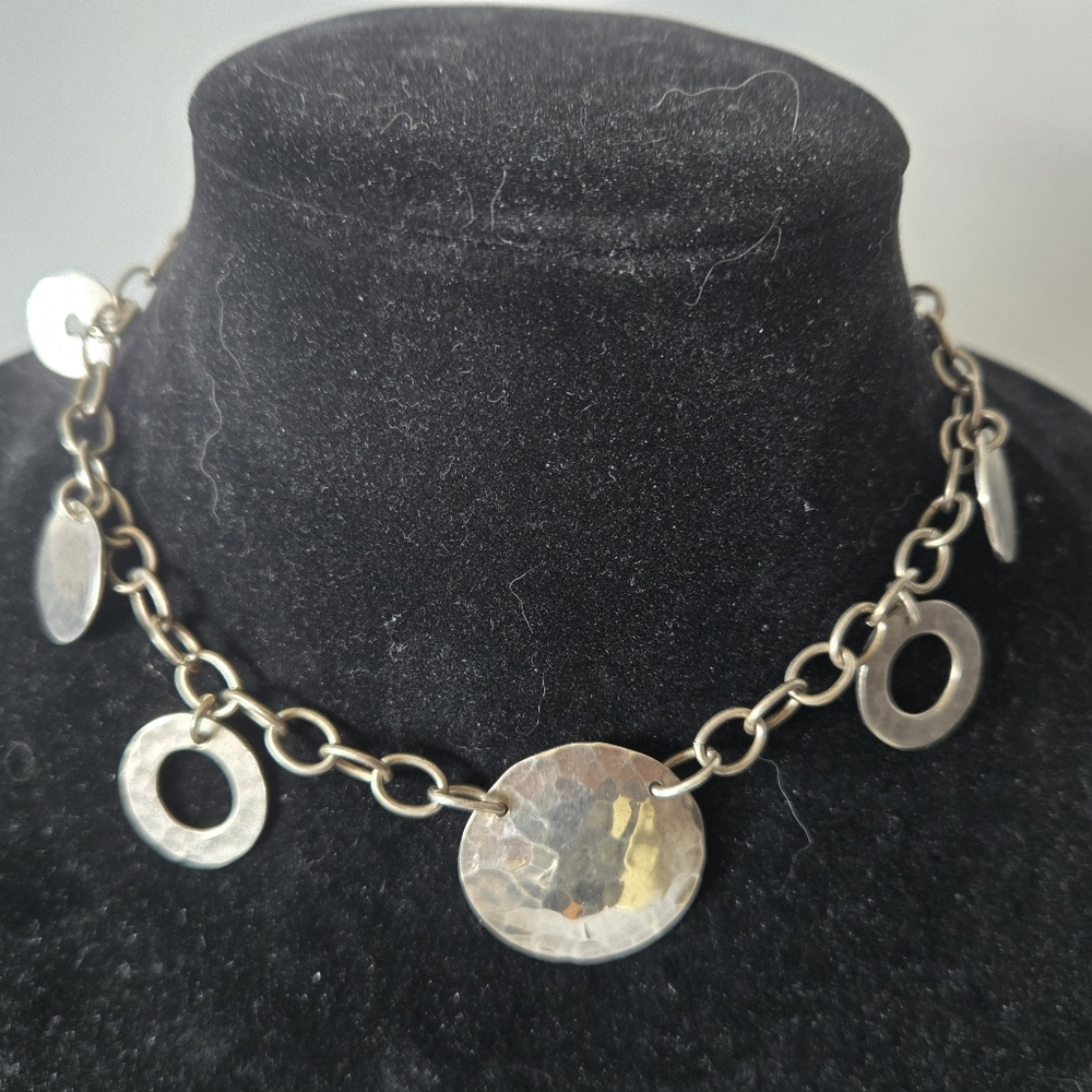 Solid Sterling Silver Open & Hammered Circle Disk Necklace